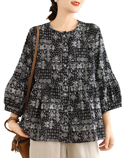 ellazhu Women's 3/4 Sleeves Crewneck Floral Print Patchwork Button Down Flowy Hem Shirt GA2727