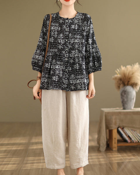 ellazhu Women's 3/4 Sleeves Crewneck Floral Print Patchwork Button Down Flowy Hem Shirt GA2727