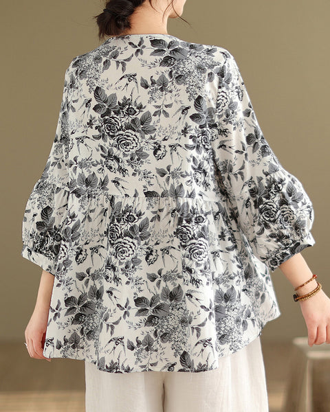 ellazhu Women's 3/4 Sleeves Crewneck Floral Print Patchwork Button Down Flowy Hem Shirt GA2727