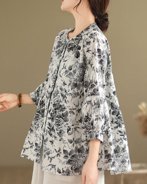 ellazhu Women's 3/4 Sleeves Crewneck Floral Print Patchwork Button Down Flowy Hem Shirt GA2727