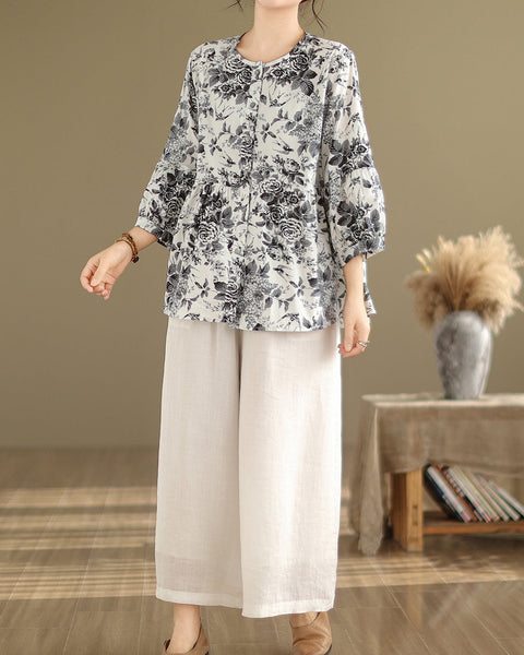 ellazhu Women's 3/4 Sleeves Crewneck Floral Print Patchwork Button Down Flowy Hem Shirt GA2727
