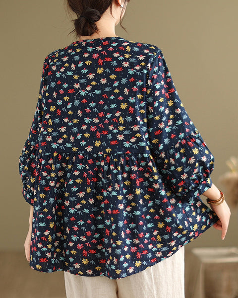 ellazhu Women's 3/4 Sleeves Crewneck Floral Print Patchwork Button Down Flowy Hem Shirt GA2727