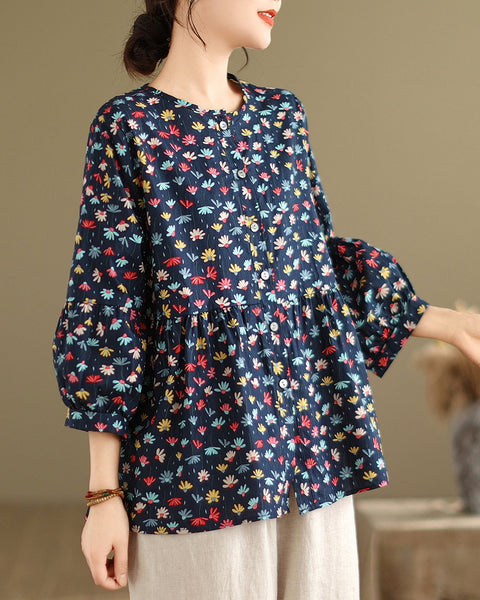 ellazhu Women's 3/4 Sleeves Crewneck Floral Print Patchwork Button Down Flowy Hem Shirt GA2727