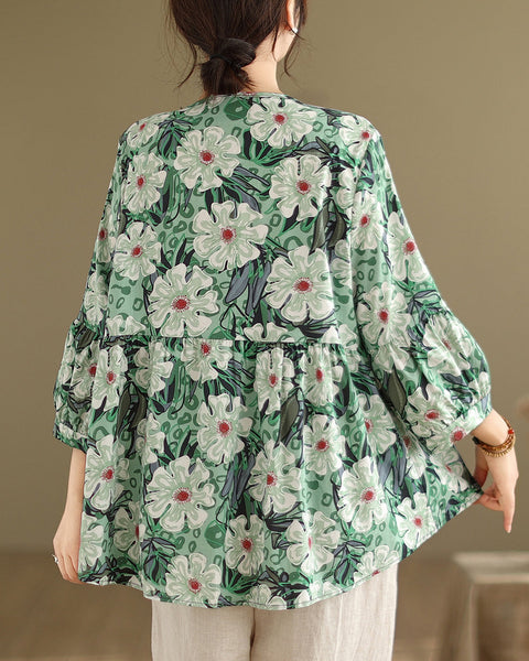 ellazhu Women's 3/4 Sleeves Crewneck Floral Print Patchwork Button Down Flowy Hem Shirt GA2727