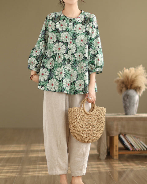 ellazhu Women's 3/4 Sleeves Crewneck Floral Print Patchwork Button Down Flowy Hem Shirt GA2727