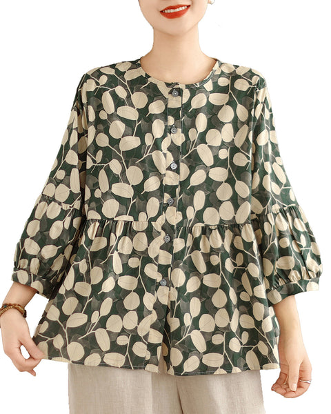 ellazhu Women's 3/4 Sleeves Crewneck Floral Print Patchwork Button Down Flowy Hem Shirt GA2727