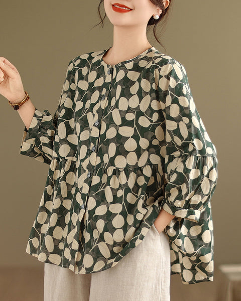 ellazhu Women's 3/4 Sleeves Crewneck Floral Print Patchwork Button Down Flowy Hem Shirt GA2727