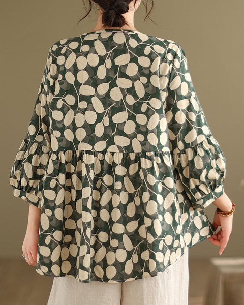 ellazhu Women's 3/4 Sleeves Crewneck Floral Print Patchwork Button Down Flowy Hem Shirt GA2727