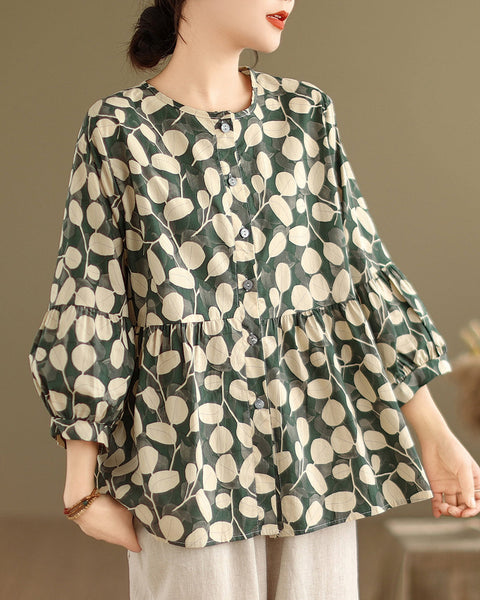ellazhu Women's 3/4 Sleeves Crewneck Floral Print Patchwork Button Down Flowy Hem Shirt GA2727