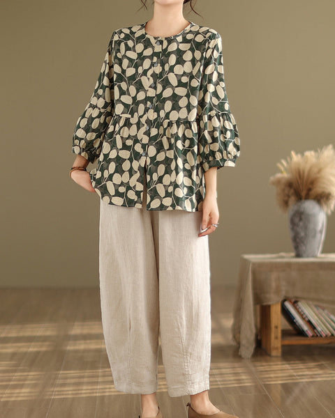 ellazhu Women's 3/4 Sleeves Crewneck Floral Print Patchwork Button Down Flowy Hem Shirt GA2727
