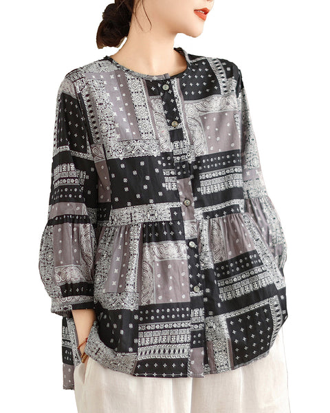 ellazhu Women's 3/4 Sleeves Crewneck Floral Print Patchwork Button Down Flowy Hem Shirt GA2727