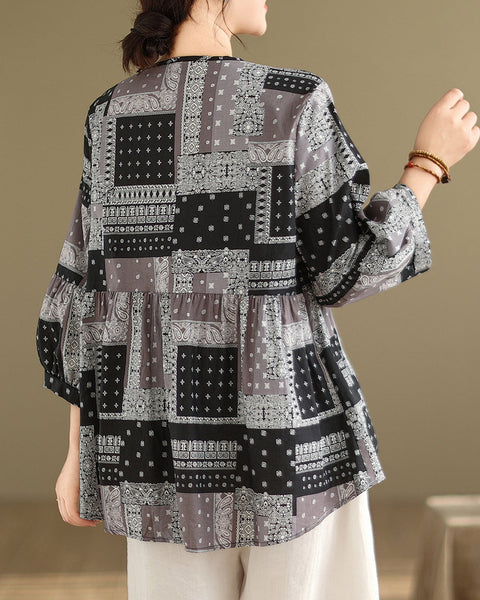 ellazhu Women's 3/4 Sleeves Crewneck Floral Print Patchwork Button Down Flowy Hem Shirt GA2727