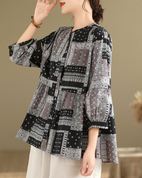 ellazhu Women's 3/4 Sleeves Crewneck Floral Print Patchwork Button Down Flowy Hem Shirt GA2727