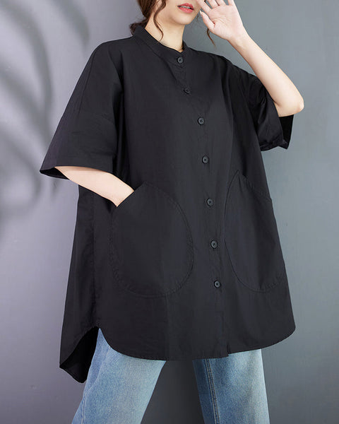 ellazhu Women's Shirt Lapel Button Down Half Sleeve Two Side Pockets Split Hem Solid Loose Oversize GA2761