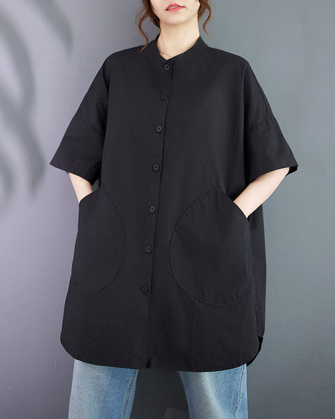ellazhu Women's Shirt Lapel Button Down Half Sleeve Two Side Pockets Split Hem Solid Loose Oversize GA2761