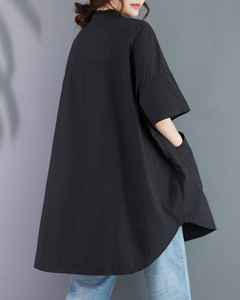 ellazhu Women's Shirt Lapel Button Down Half Sleeve Two Side Pockets Split Hem Solid Loose Oversize GA2761