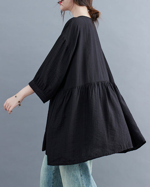 ellazhu Women's Shirt Button Down Crewneck Patchwork 3/4 Sleeve Flowy Hem Solid Loose Oversize GA2762