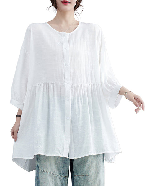 ellazhu Women's Shirt Button Down Crewneck Patchwork 3/4 Sleeve Flowy Hem Solid Loose Oversize GA2762