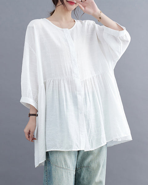 ellazhu Women's Shirt Button Down Crewneck Patchwork 3/4 Sleeve Flowy Hem Solid Loose Oversize GA2762