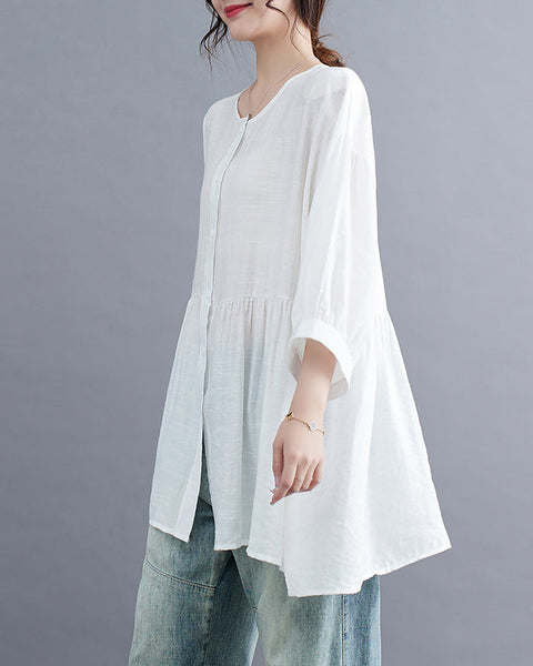 ellazhu Women's Shirt Button Down Crewneck Patchwork 3/4 Sleeve Flowy Hem Solid Loose Oversize GA2762