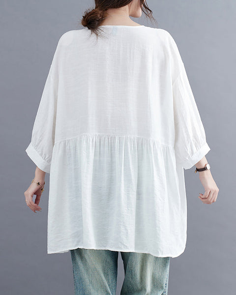 ellazhu Women's Shirt Button Down Crewneck Patchwork 3/4 Sleeve Flowy Hem Solid Loose Oversize GA2762