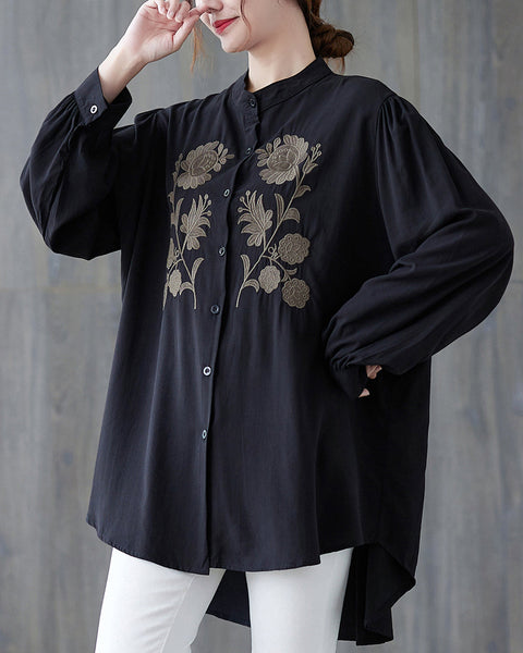 Women's Shirt Button Down Long Sleeve Pattern with Flowers High Low Hem Solid Loose Oversize GA2766