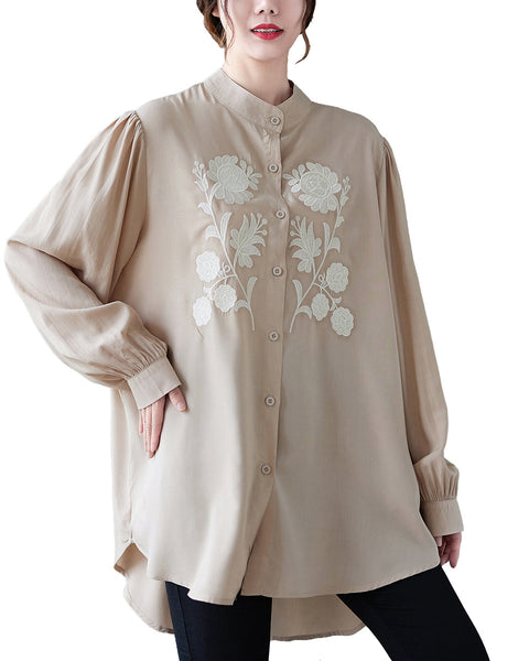 Women's Shirt Button Down Long Sleeve Pattern with Flowers High Low Hem Solid Loose Oversize GA2766