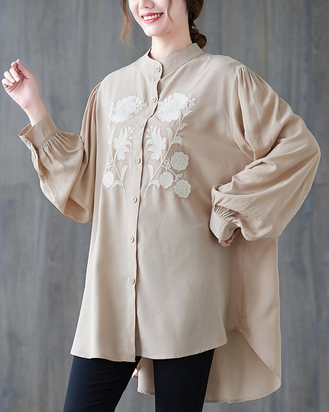Women's Shirt Button Down Long Sleeve Pattern with Flowers High Low Hem Solid Loose Oversize GA2766