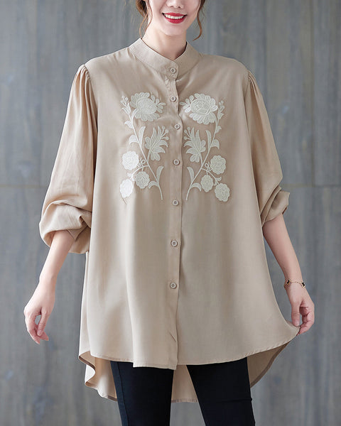 Women's Shirt Button Down Long Sleeve Pattern with Flowers High Low Hem Solid Loose Oversize GA2766