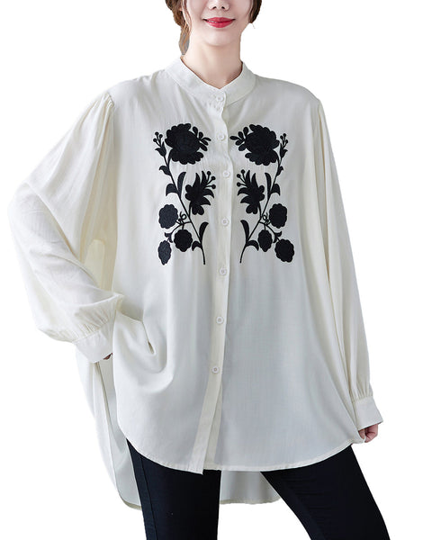 Women's Shirt Button Down Long Sleeve Pattern with Flowers High Low Hem Solid Loose Oversize GA2766