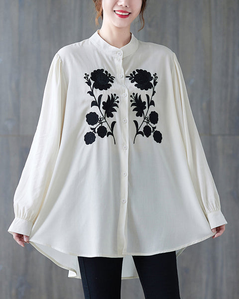 Women's Shirt Button Down Long Sleeve Pattern with Flowers High Low Hem Solid Loose Oversize GA2766