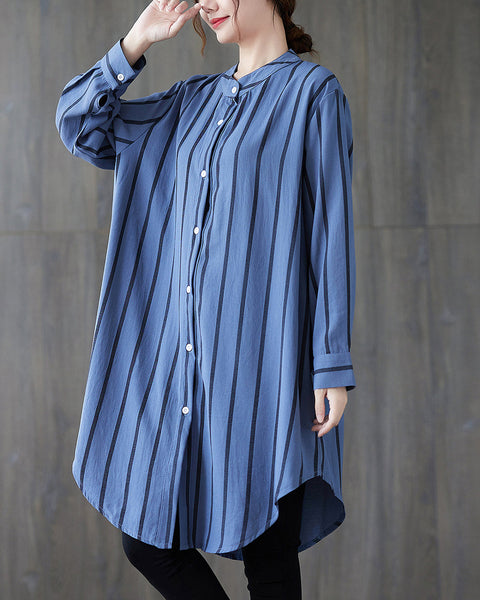 Women's Shirt Button Down Long Sleeve V Neck High Low Flowy Hem Stripe Top Loose Oversize GA2767