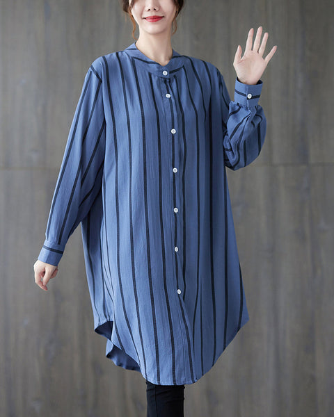 Women's Shirt Button Down Long Sleeve V Neck High Low Flowy Hem Stripe Top Loose Oversize GA2767