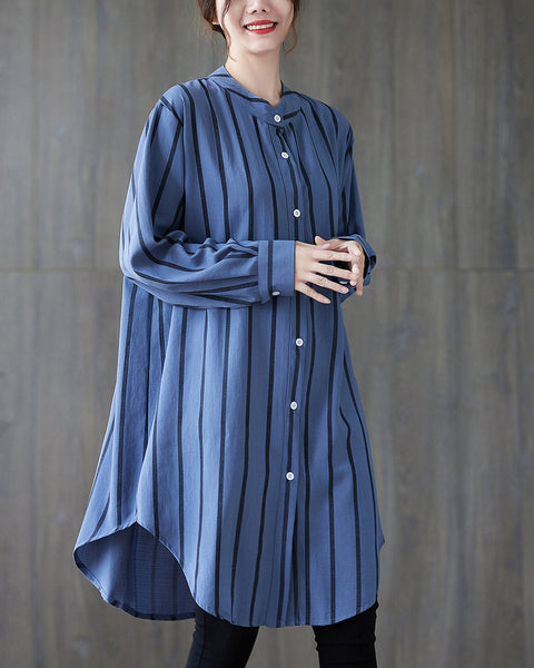 Women's Shirt Button Down Long Sleeve V Neck High Low Flowy Hem Stripe Top Loose Oversize GA2767