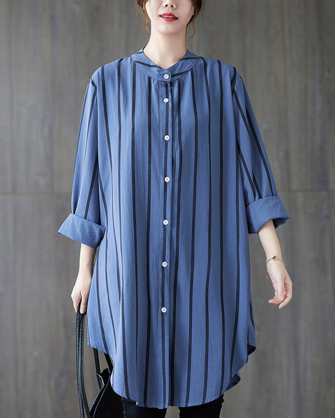Women's Shirt Button Down Long Sleeve V Neck High Low Flowy Hem Stripe Top Loose Oversize GA2767