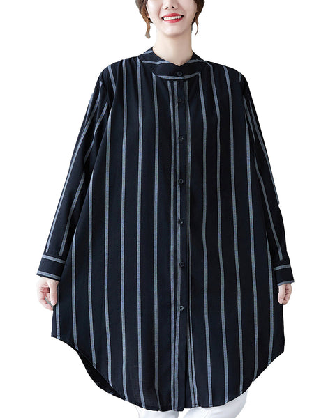 Women's Shirt Button Down Long Sleeve V Neck High Low Flowy Hem Stripe Top Loose Oversize GA2767