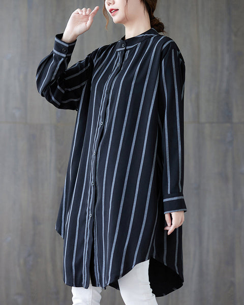 Women's Shirt Button Down Long Sleeve V Neck High Low Flowy Hem Stripe Top Loose Oversize GA2767