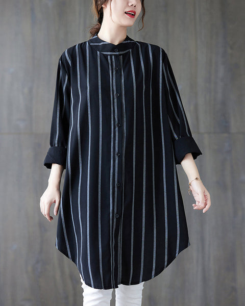 Women's Shirt Button Down Long Sleeve V Neck High Low Flowy Hem Stripe Top Loose Oversize GA2767
