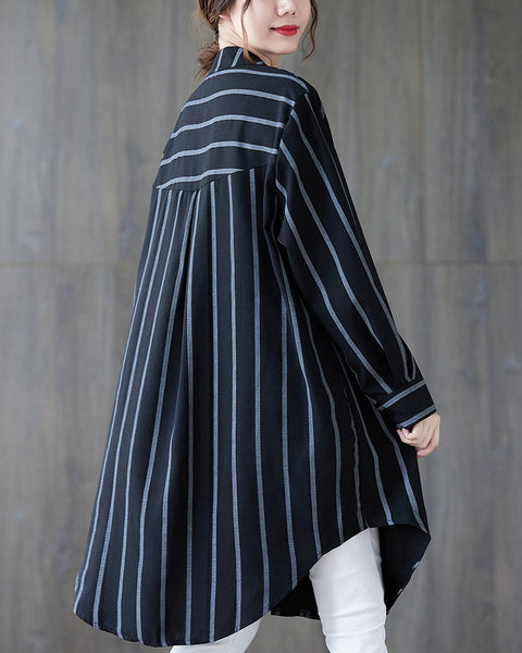 Women's Shirt Button Down Long Sleeve V Neck High Low Flowy Hem Stripe Top Loose Oversize GA2767