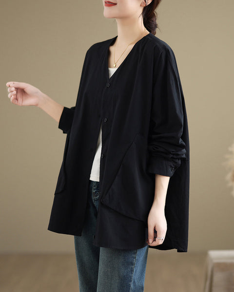 Women's Shirt V-Neck Button Down Long Sleeve Two Side Pockets Flowy Hem Top Loose Oversize GA2771