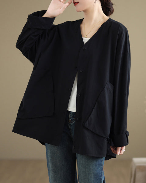 Women's Shirt V-Neck Button Down Long Sleeve Two Side Pockets Flowy Hem Top Loose Oversize GA2771