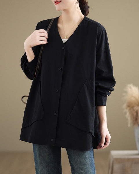 Women's Shirt V-Neck Button Down Long Sleeve Two Side Pockets Flowy Hem Top Loose Oversize GA2771