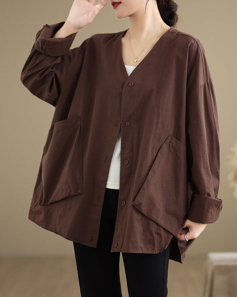Women's Shirt V-Neck Button Down Long Sleeve Two Side Pockets Flowy Hem Top Loose Oversize GA2771
