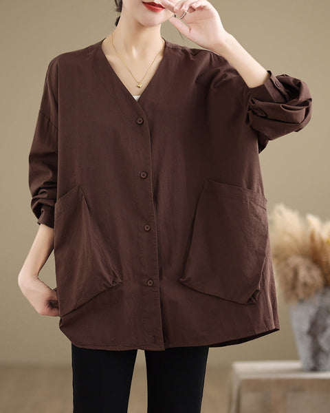 Women's Shirt V-Neck Button Down Long Sleeve Two Side Pockets Flowy Hem Top Loose Oversize GA2771