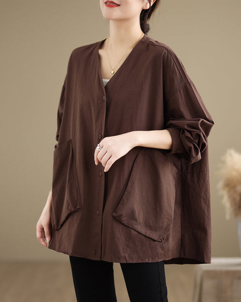 Women's Shirt V-Neck Button Down Long Sleeve Two Side Pockets Flowy Hem Top Loose Oversize GA2771