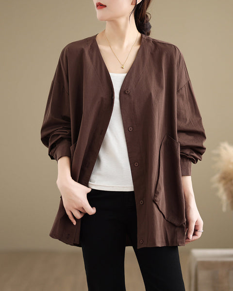 Women's Shirt V-Neck Button Down Long Sleeve Two Side Pockets Flowy Hem Top Loose Oversize GA2771