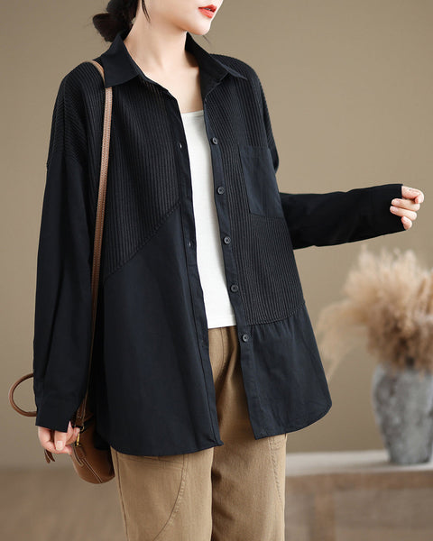 Women's Shirt Lapel Button Down Long Sleeve Pocket Solid Color Patchwork Top Loose Oversize GA2773
