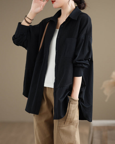 Women's Shirt Lapel Button Down Long Sleeve Pocket Solid Color Patchwork Top Loose Oversize GA2773