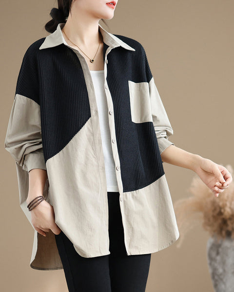 Women's Shirt Lapel Button Down Long Sleeve Pocket Solid Color Patchwork Top Loose Oversize GA2773