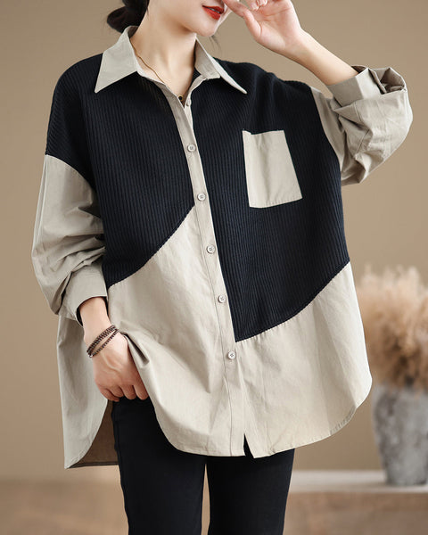 Women's Shirt Lapel Button Down Long Sleeve Pocket Solid Color Patchwork Top Loose Oversize GA2773